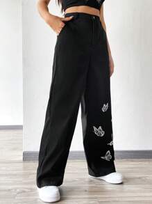 SHEIN EZwear 女士黑色蝴蝶印花梭织长裤 - 黑色 - 查看 3