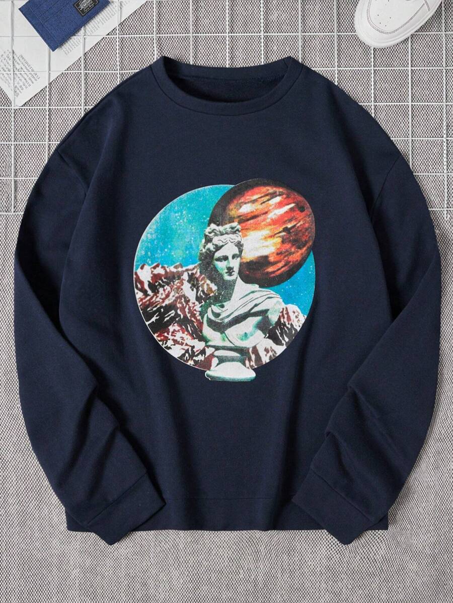 RueChic 男士藏青色印花圓領長袖運動衫