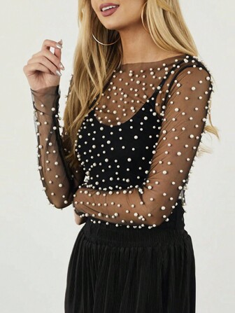 Apperloth A Elegant Pearls Beaded Mesh Sheer Cover Up Top Without Cami Top Sexy Music Festival