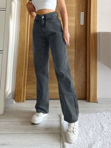 SHEIN PETITE Zipper Fly Straight Leg Jeans - Medium Wash - View 3