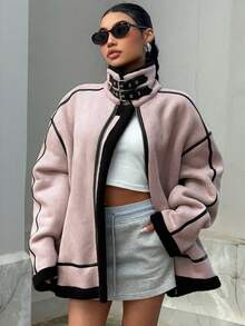 DAZY Của phụ nữ Vá lại Sọc Vòng cổ Thả vai Áo khoác - Bụi tím - Xem 6