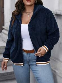 SHEIN LUNE Plus Size Color Blocking Stripe Shearling Coat With Hood - Navy Blue - View 1