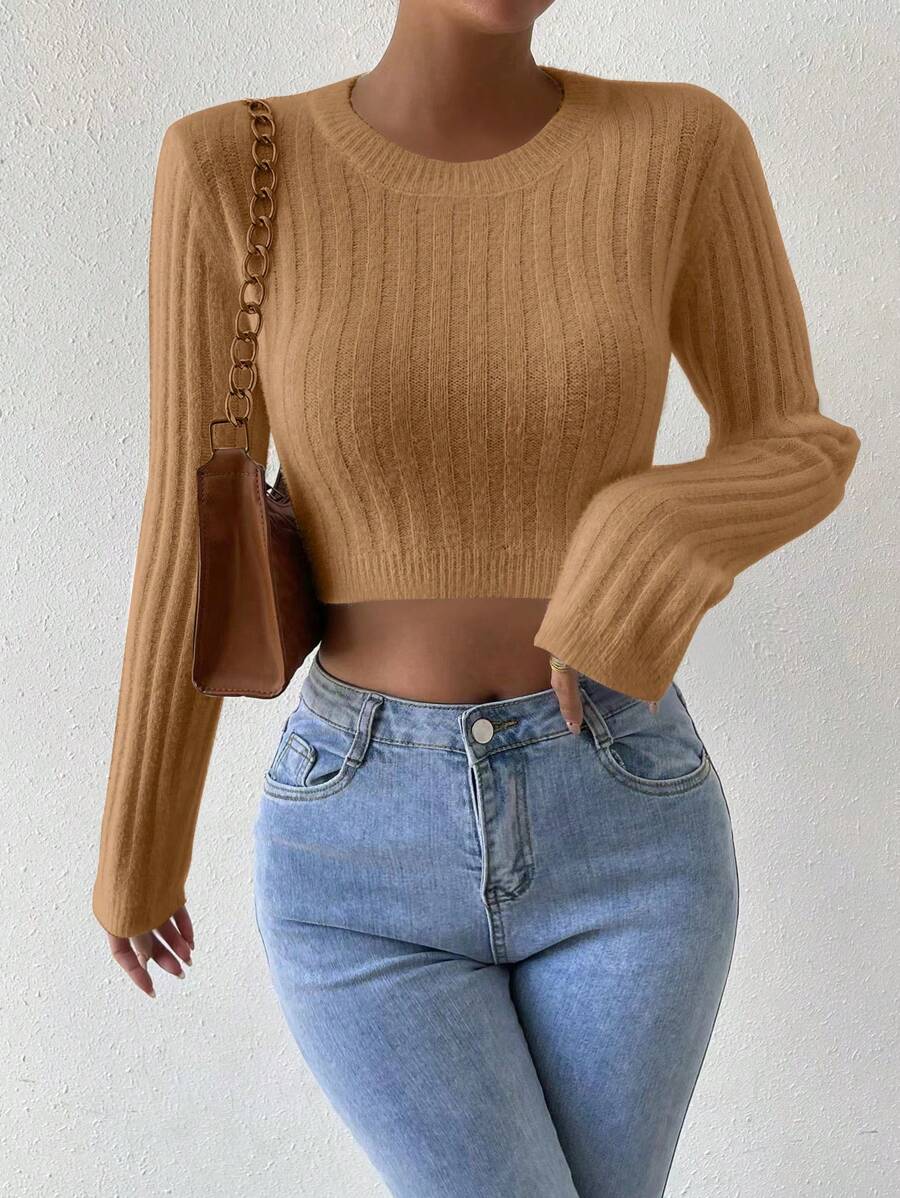 SHEIN LUNE Women's Solid Color Cropped Knit Pullover Fall Winter Sweater - Khaki - View 1