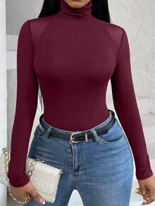 SHEIN Slayr Cổ cao Lưới Nối Tay Raglan Áo thun - Màu Đỏ Sâu - Xem 6