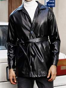 Manfinity Homme Loose Fit Men's Single-Breasted Trench Coat With Belt - Black - View 1