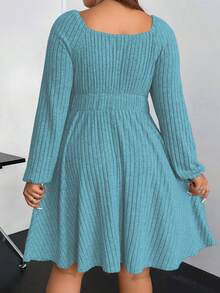 Flirla Kích thước lớn Của phụ nữ Tay áo lồng đèn Sọc Đầm - Màu xanh nhạt - Xem 2