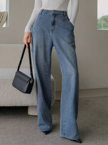 Dazy Designer Của phụ nữ Xanh Cao eo Denim Quần jean - Rửa trung bình - Xem 6