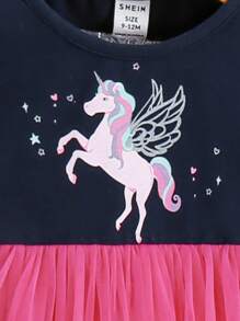 SHEIN 嬰兒女孩可愛的獨角獸圖案網格拼接長袖洋裝 - 藏蓝色 - 查看 3