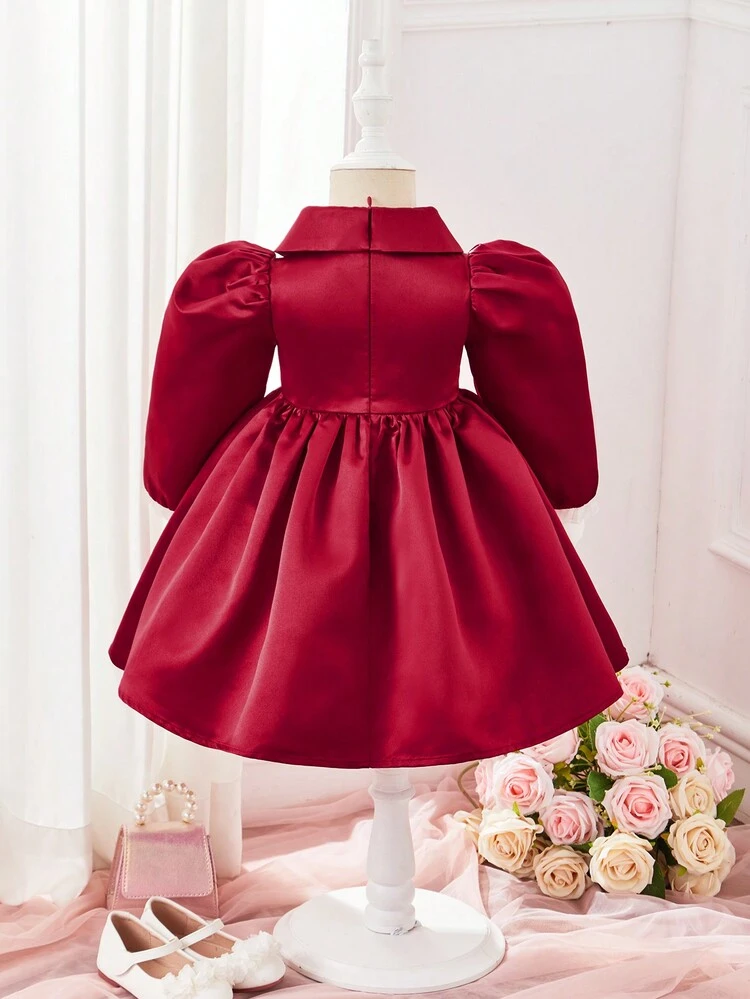 Baby Girls' Gorgeous Elegant Red Satin Puff Long Sleeve Dress