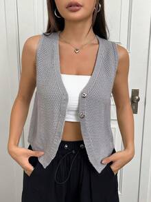 SHEIN Unity Lỏng lẻo phù hợp Nút phía trước Dệt kim Áo Cái đó Với Bất cứ điều gì - Xám - Xem 5