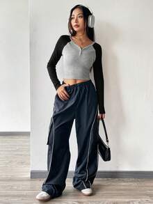 SHEIN EZwear Color Block Knitted Slim Fit T-shirt For Women - Multicolor - View 5