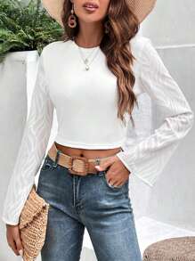 SHEIN VCAY Women's Round Neck Bell Sleeve Patchwork Top - White - View 1