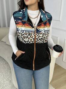 EMERY ROSE Áo vest phao không tay họa tiết da báo và họa tiết hình học cỡ lớn có khóa kéo - Nhiều màu - Xem 3