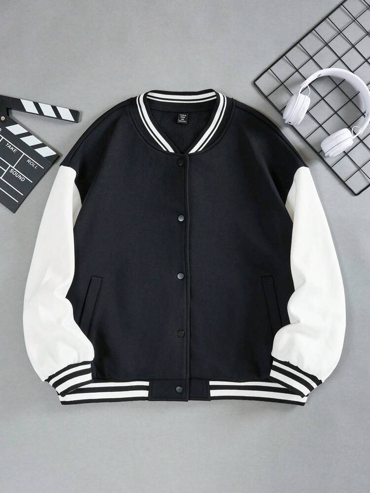 Plus Slogan Graphic Striped Trim Drop Shoulder Bomber Jacket Without Tee