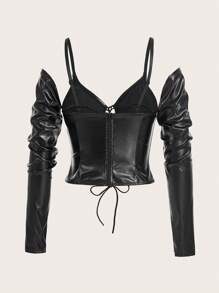 SHEIN ICON 女式上衣采用交叉绷带设计，不对称罩杯和带袖子的 PU 肩带 - 黑色 - 查看 5