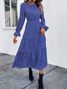 SHEIN Clasi In Toàn bộ tay áo lá sen Xù Hoa Sen Đầm Không có thắt lưng - Màu xanh ngọc - Xem 4