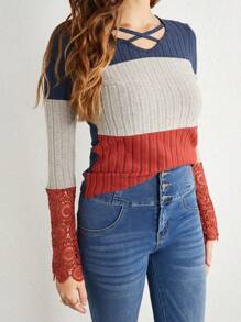 EMERY ROSE V-neck Lace Patchwork Contrast Color Long Sleeve T-shirt