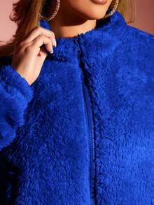 SHEIN SXY Của phụ nữ Dây kéo mặt trước Lông cừu Áo khoác - Xanh đậm - Xem 6