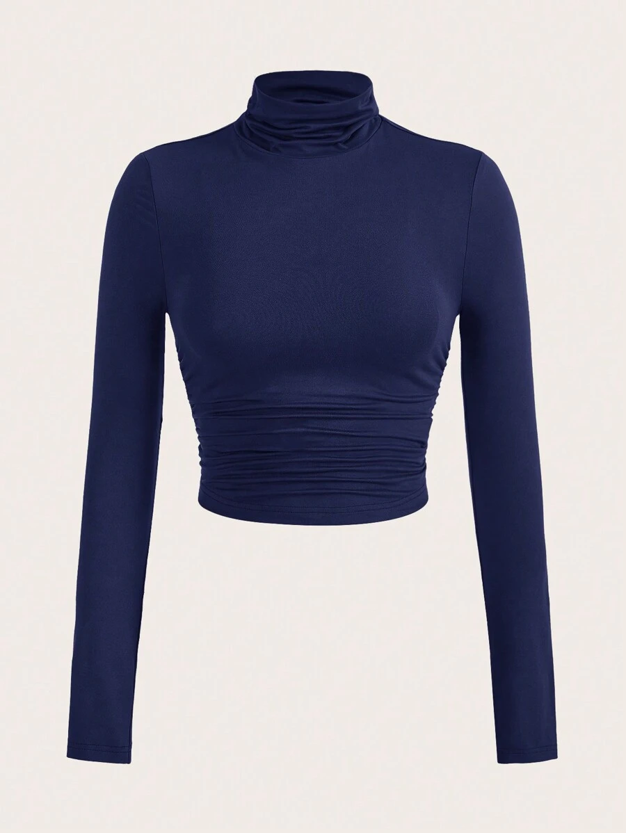 SHEIN EZwear Quý cô Màu thuần Cổ cao Xù Áo thun - Xanh đậm - Xem 1