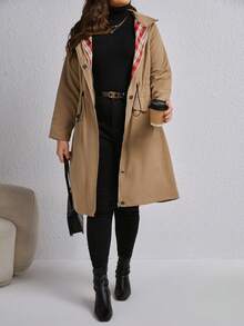 SHEIN LUNE Kích thước lớn Eo dây rút Áo khoác - Màu Khaki - Xem 5