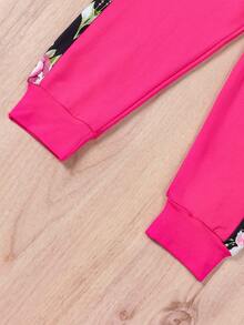 SHEIN 小女孩心形和花卉印花帽衫和褲子套裝 - 玫紅色 - 查看 7