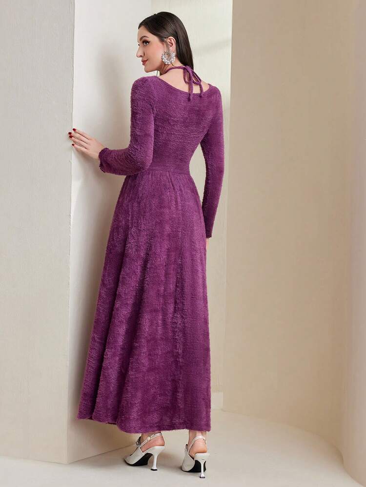 Women's Purple Plush Square Neck Long Sleeve Dress