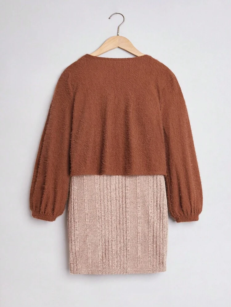 Girls' Knitted Ribbed Dress With Spaghetti Straps And Plush Knit Outerwear With Lantern Sleeves Double Set