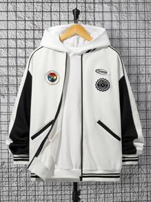 SHEIN Chico adolescente Cazadora tipo bomber con parche de letra ribete de rayas de hombros caídos - Multicolor - Ver 1