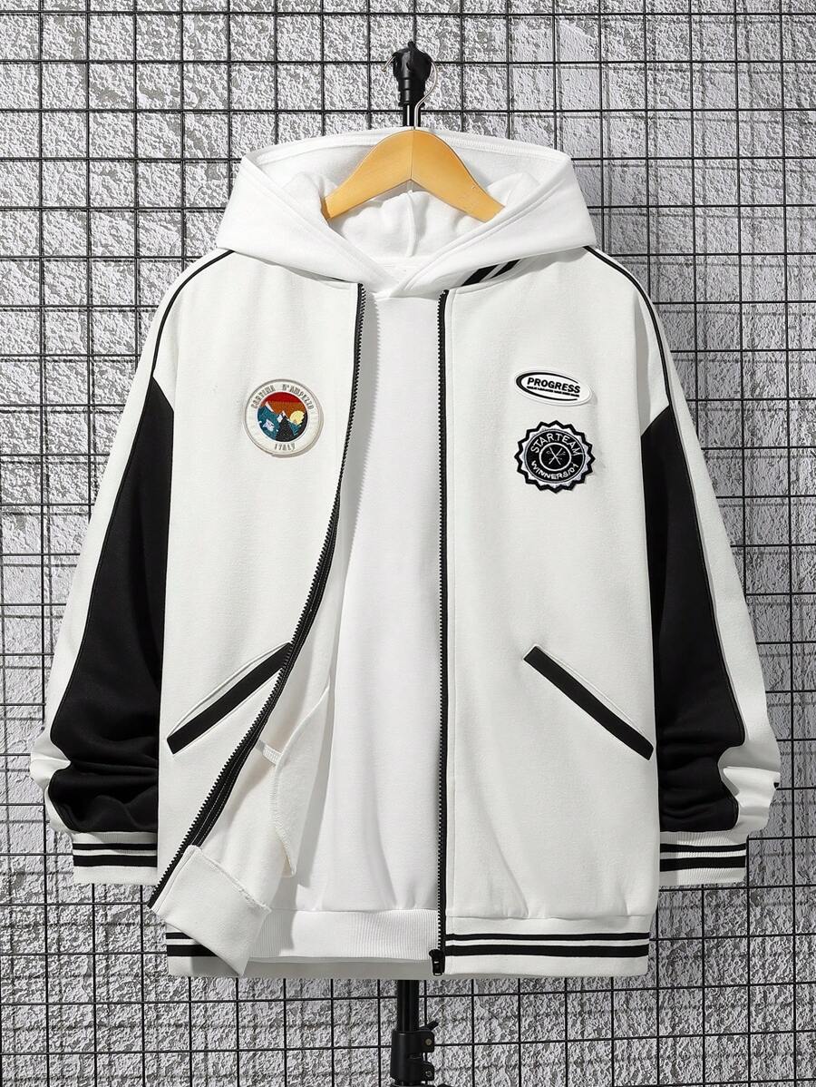SHEIN Chico adolescente Cazadora tipo bomber con parche de letra ribete de rayas de hombros caídos - Multicolor - Ver 1