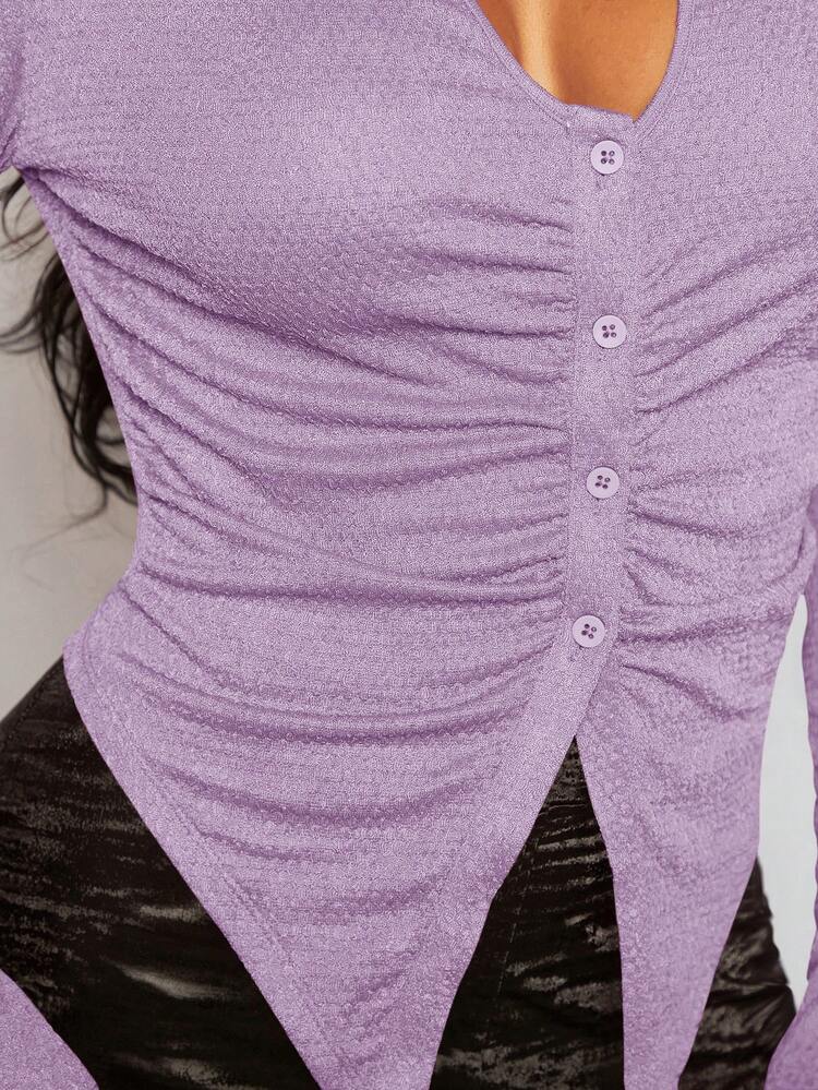 Women's Ruched Collar Asymmetrical Hem T-Shirt