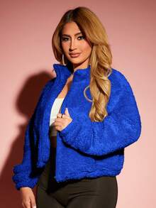 SHEIN SXY Của phụ nữ Dây kéo mặt trước Lông cừu Áo khoác - Xanh đậm - Xem 7