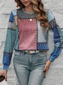 SHEIN LUNE 女士圓領拼接花紋運動衫 - 彩色 - 查看 1