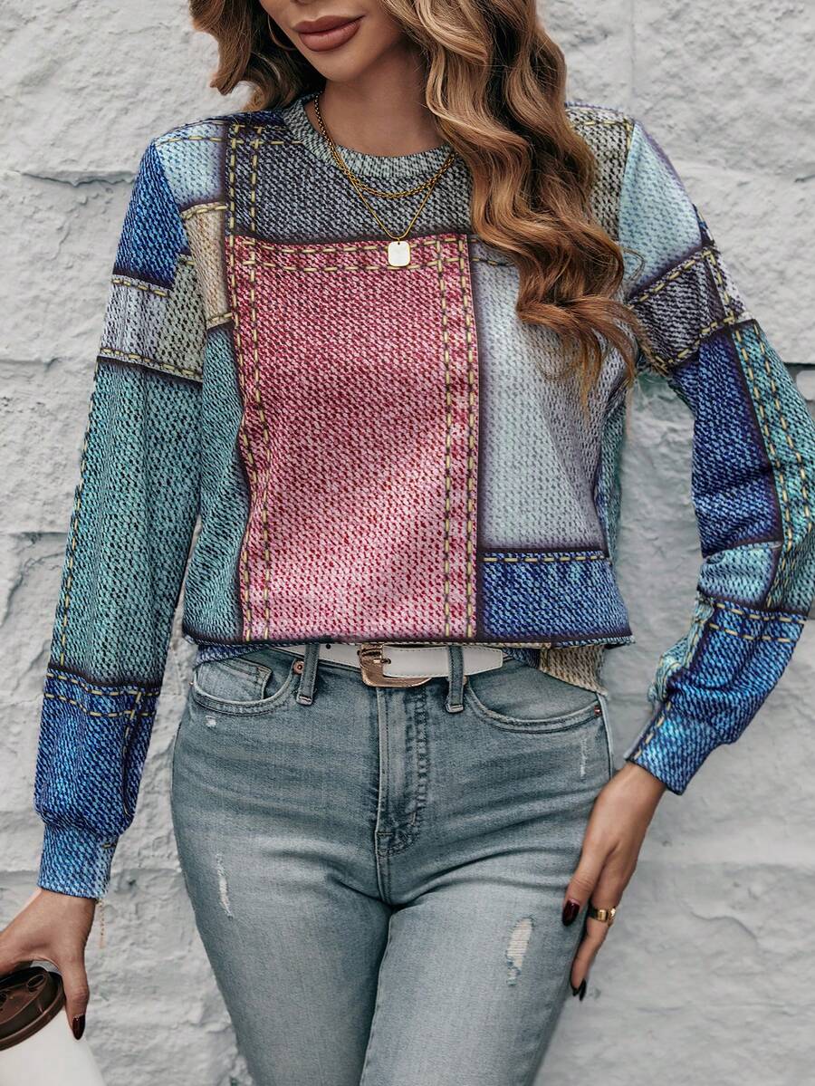 SHEIN LUNE 女士圓領拼接花紋運動衫 - 彩色 - 查看 1