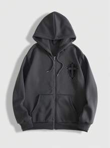 ROMWE MEN Goth 男士翅膀印花袋鼠口繩扣保暖連帽衫 - 灰色 - 查看 2