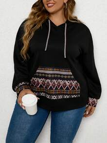 SHEIN CURVE+ Sudadera Con Capucha Para Mujer Con Patrón Geométrico Y Cordón, Talla Grande - Negro - Ver 3