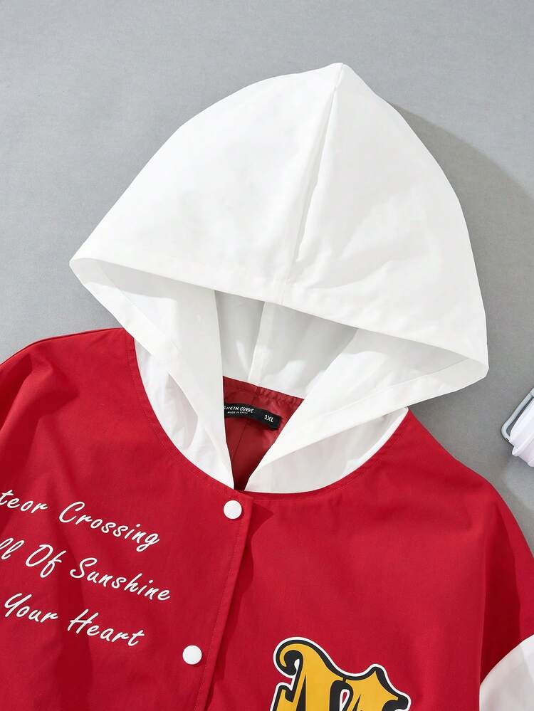 Plus Size Hooded Jacket Featuring Sentence Print And Color Block Design