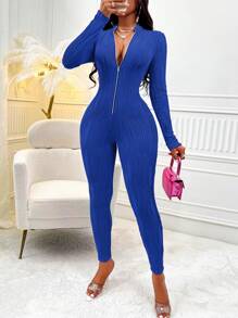 SHEIN Slayr Front Zipper Skinny Jumpsuit - Royal Blue - View 1