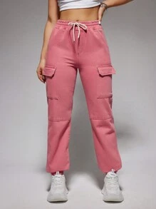 SHEIN EZwear 束口腰帶貨物風格牛仔褲 - 藕粉色 - 查看 6