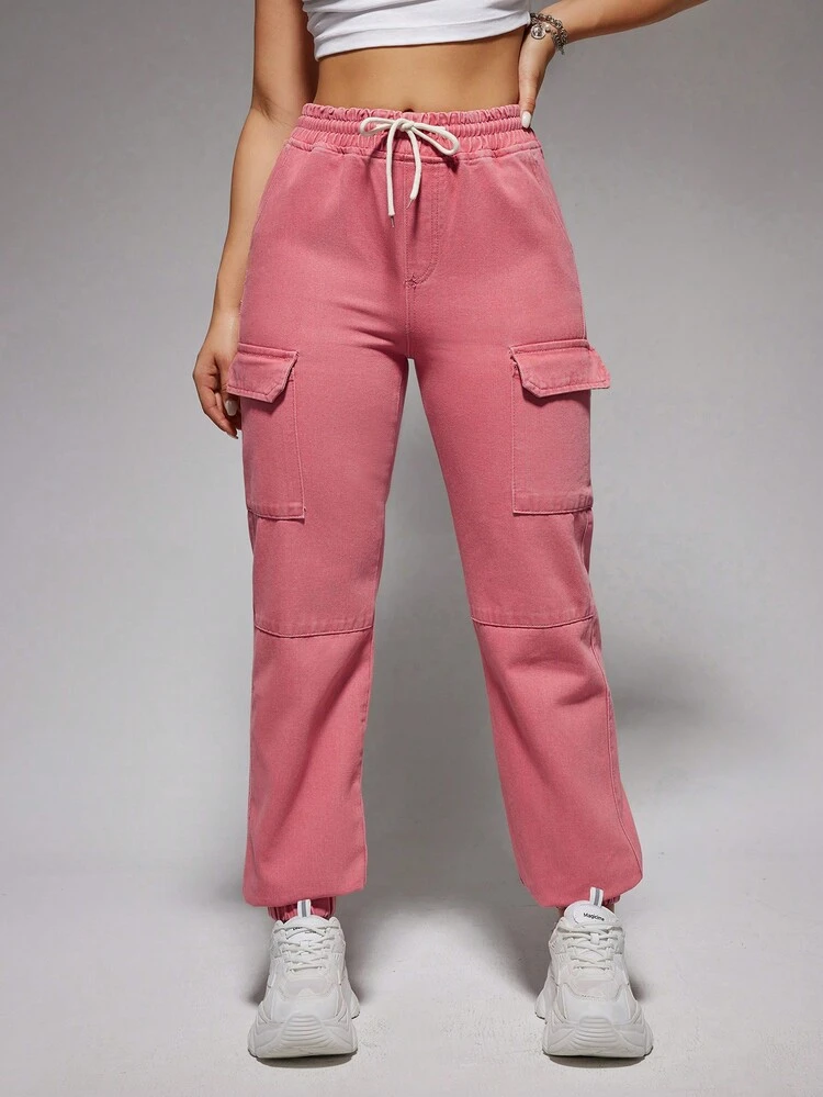 Drawstring Waist Cargo Style Denim Jeans