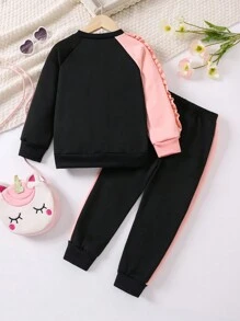 SHEIN 幼兒女孩可愛獨角獸拼布運動衫和運動褲套裝,休閒風格 - 黑色 - 查看 2