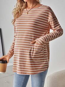 SHEIN Maternity Striped & Printed Double Pocket T-shirt - Pink - View 3