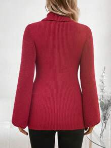 SHEIN Maternity Turtleneck Hollow Out Lantern Sleeve Sweater, For Winter - Burgundy - View 2