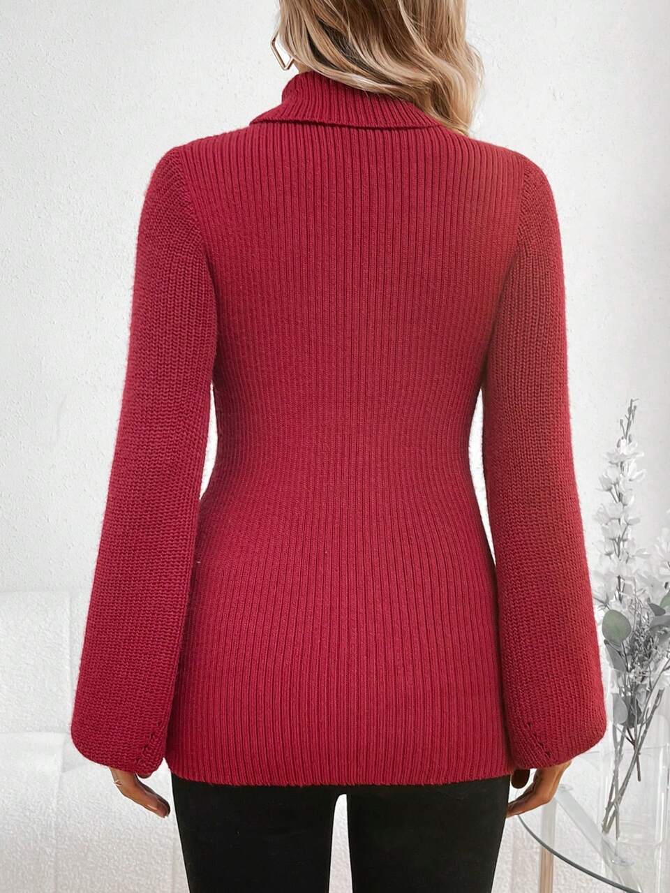 Maternity Turtleneck Hollow Out Lantern Sleeve Sweater, For Winter