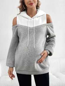 SHEIN Thai sản Khối màu Vai lạnh Dây rút Áo nỉ có mũ - Nhiều màu - Xem 2