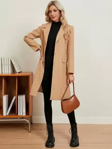 EMERY ROSE 女式翻領單排扣翻邊細節羊毛大衣 - 卡其色 - 查看 1