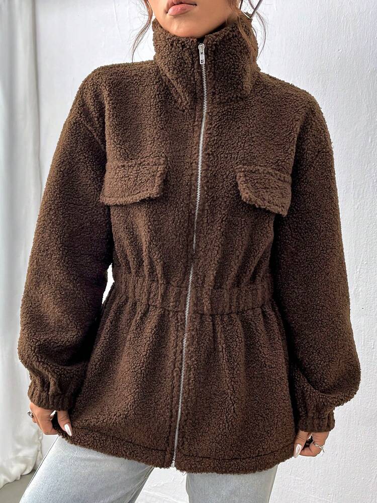 Drop Shoulder Flap Detail Teddy Coat Fall Cloth For Women