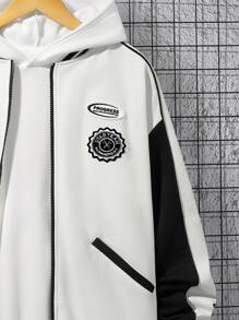 SHEIN Chico adolescente Cazadora tipo bomber con parche de letra ribete de rayas de hombros caídos - Multicolor - Ver 3