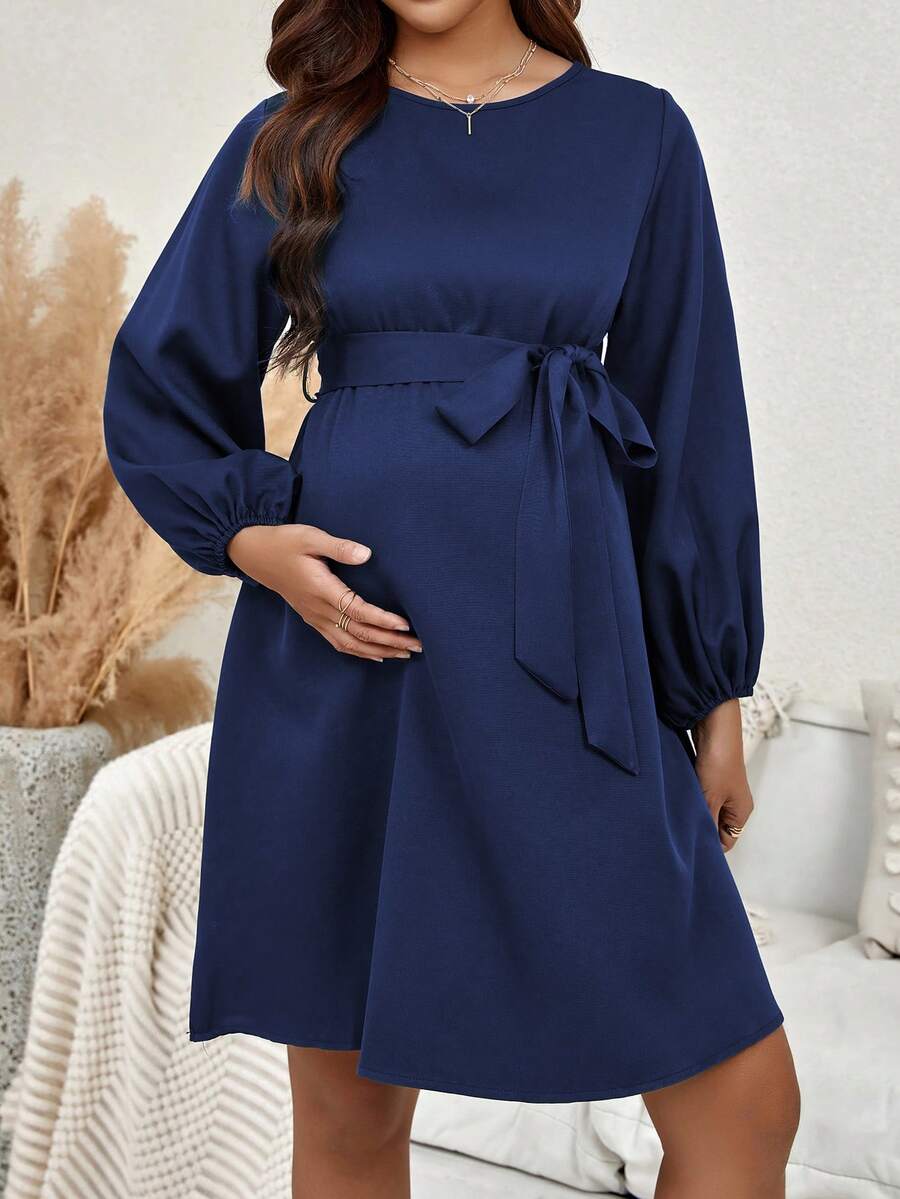 SHEIN Thai sản Vòng cổ Tay áo lồng đèn Màu thuần Vòng eo đế chế Đầm - Xanh đậm - Xem 1