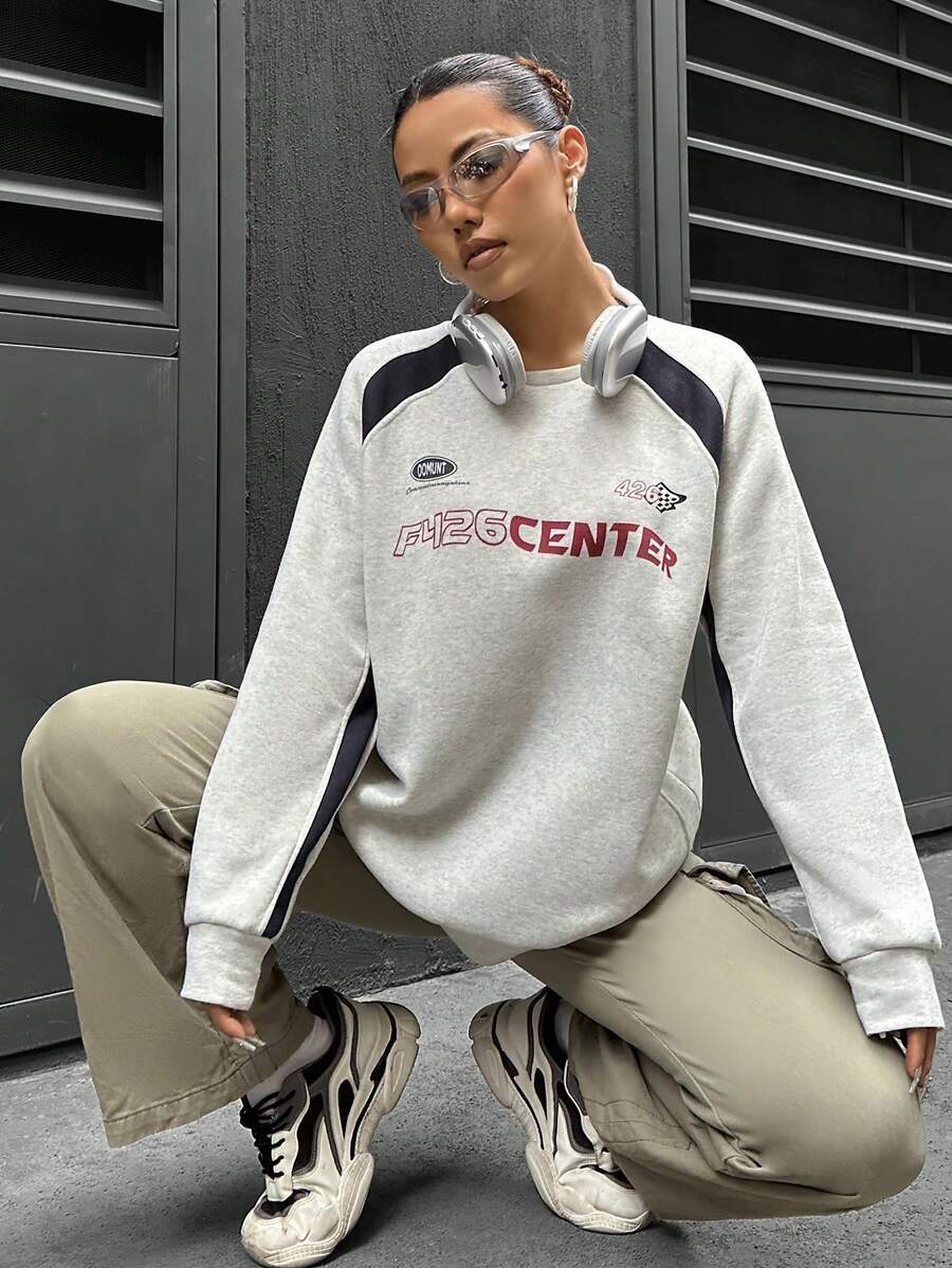 SHEIN Unity Women's Casual Colour Block Letter Printed Fleece Hoodie - Grey - View 1