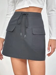 SHEIN Essnce Women's Drawstring Waist Flap Cover Pocket Skirt - Grey - View 1
